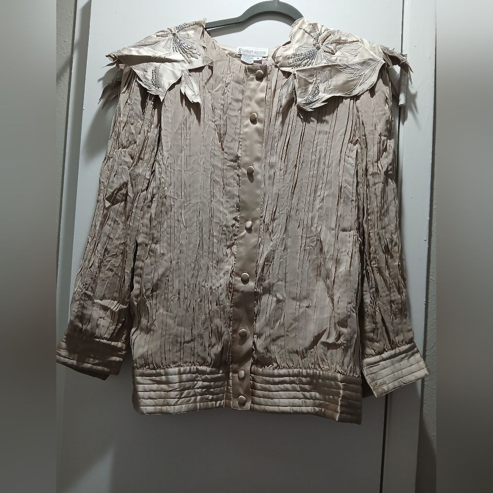 Vintage Stanley Nelson Cream Tan 100% Silk - Beaded Jacket, size Medium